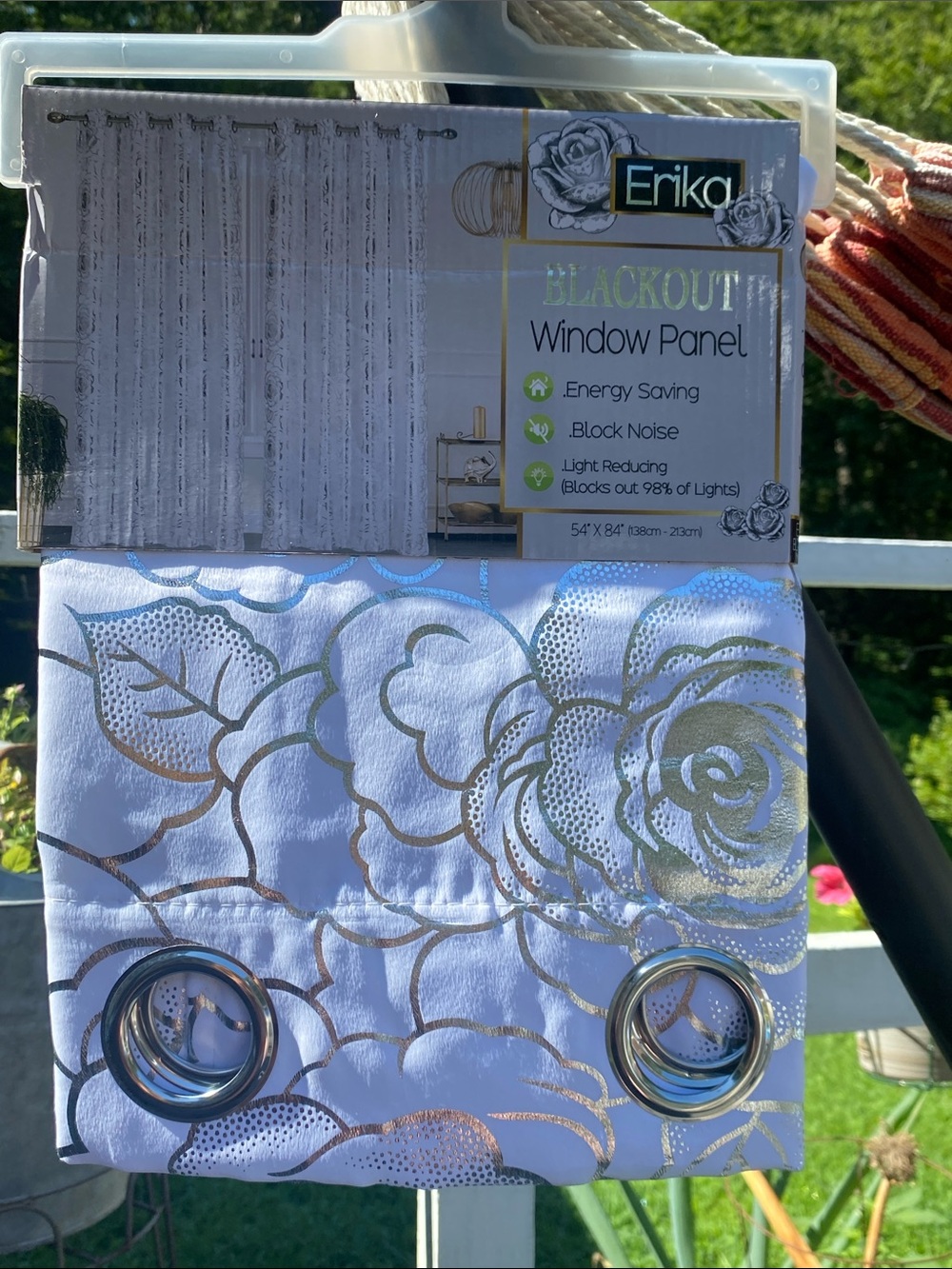 Erika White Window Panel with Metallic Silver Rose Pattern 54 x 84